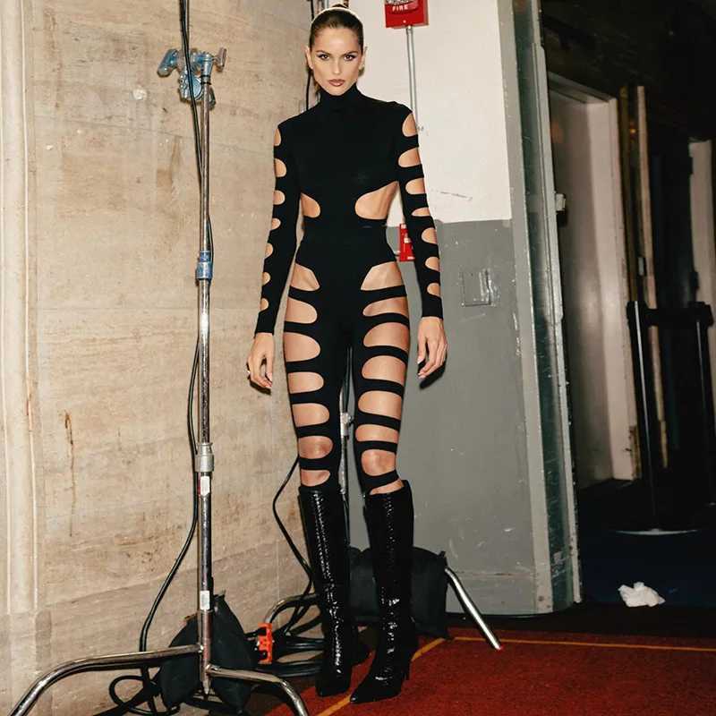 New style hollow sexy long sleeved jumpsuit asymmetric hot girl personal suit X250318