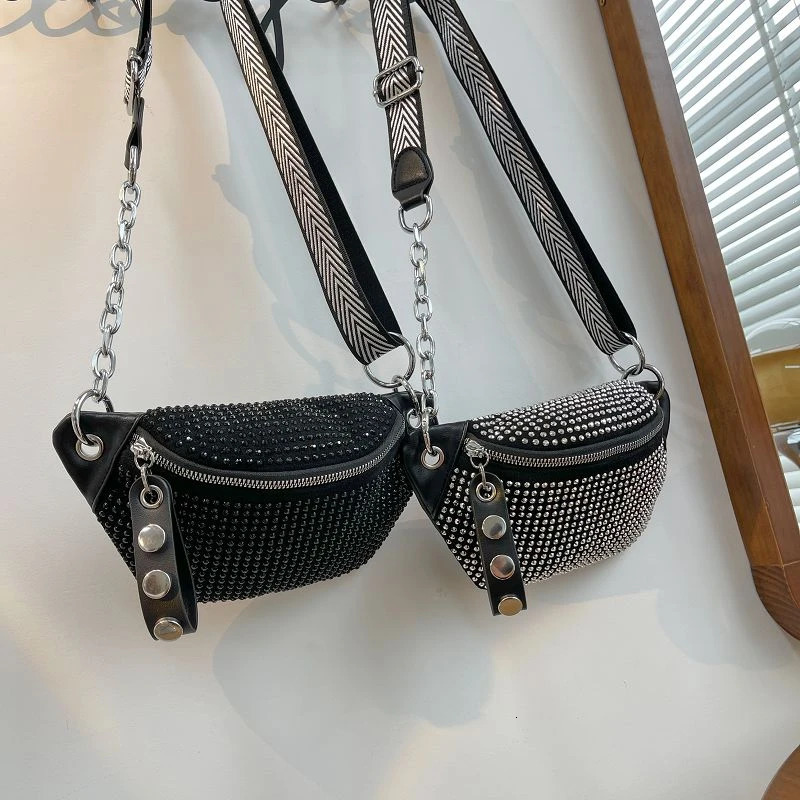 Fashion Leather Female Belt Bag Ladies Diamond Fanny pack Hip pack Woman Shoulder Crossbody Chest Bags Chain Waist Bags 250317