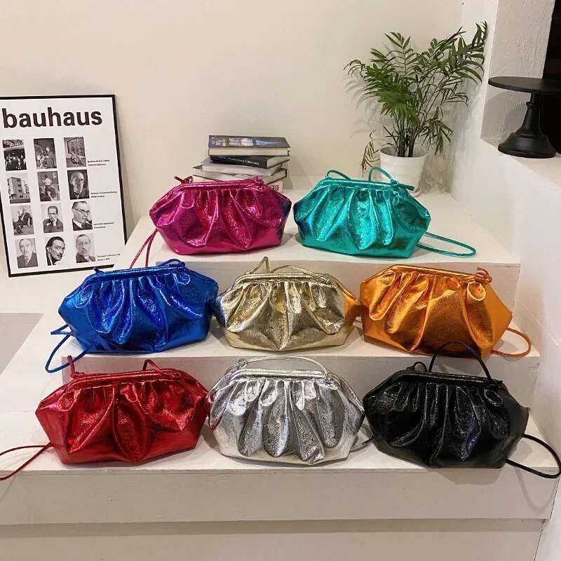 Gold Sier Color Women's Pleated Crossbody Ruched Design Wedding Party Christmas Valentine's Day Clutches Cloud Bag Female