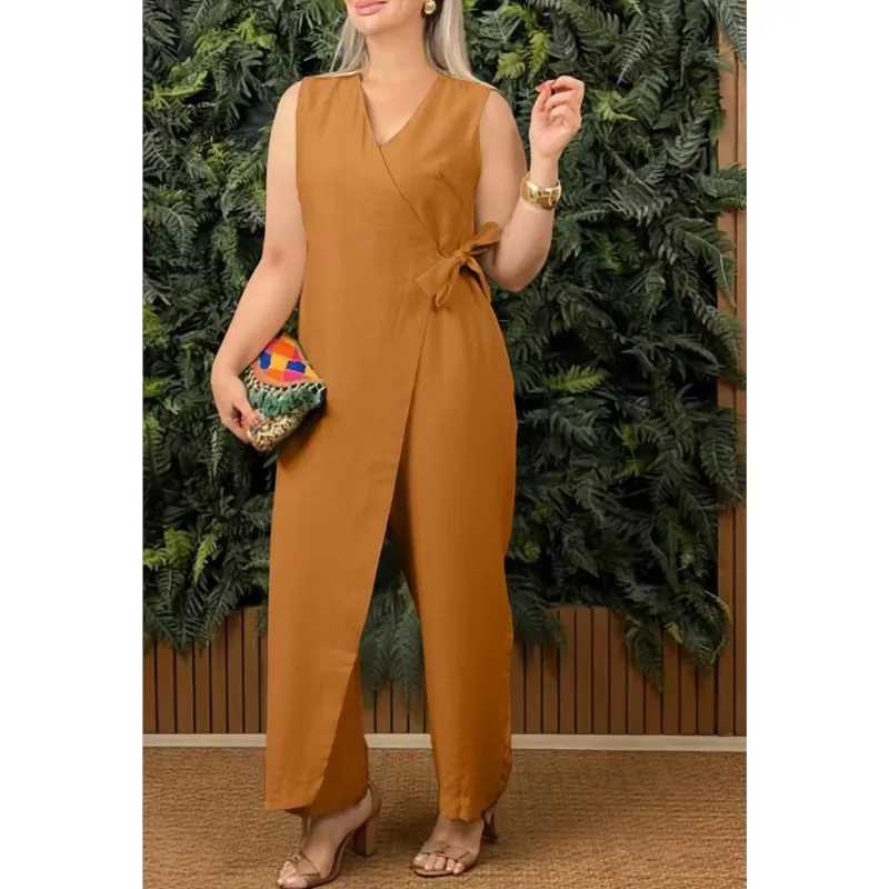 2025 spring/summer new womens solid color V-neck strapless casual and comfortable wide leg jumpsuit X250318