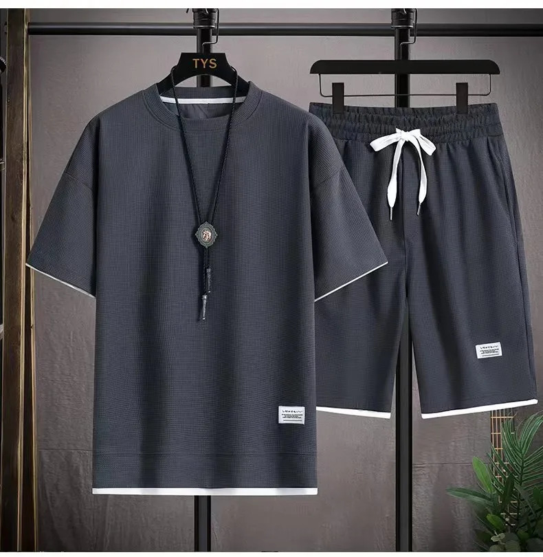 Waffle Mens Summer Short Sleeve And Shorts Two Piece Sets Sports Casual Tracksuit Men Comfortable Cool Shorts Oversized Set 250318