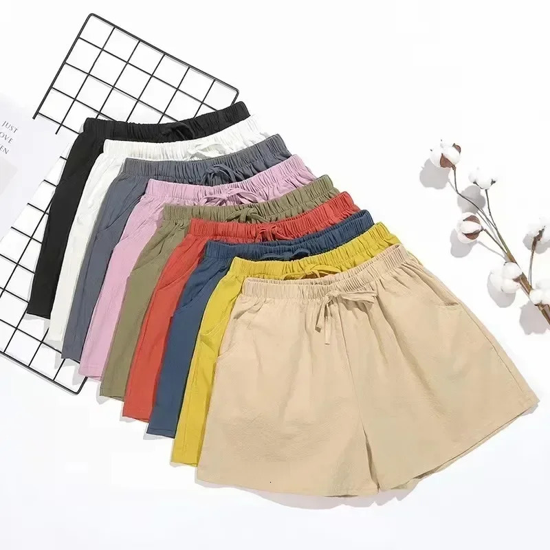 Cotton Linen Beach Shorts Women Basic Short Pants Mini Wide Leg Trousers Ladies Home Streetwear 250318