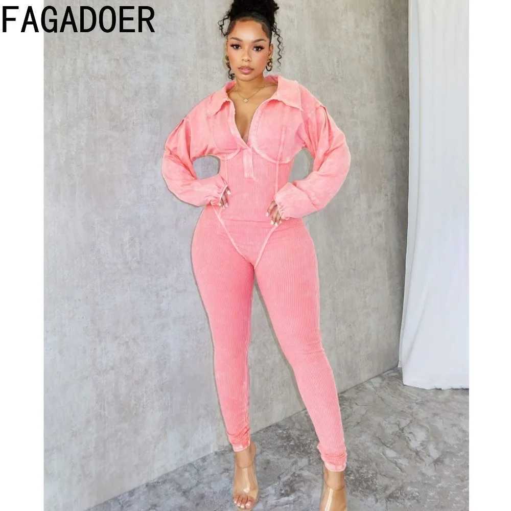 FAGADOER Fashion Solid High Quty Ribber Bodycon Womens V-neck Long Slender Ultra Thin Playsuits Womens Elastic Top X250318