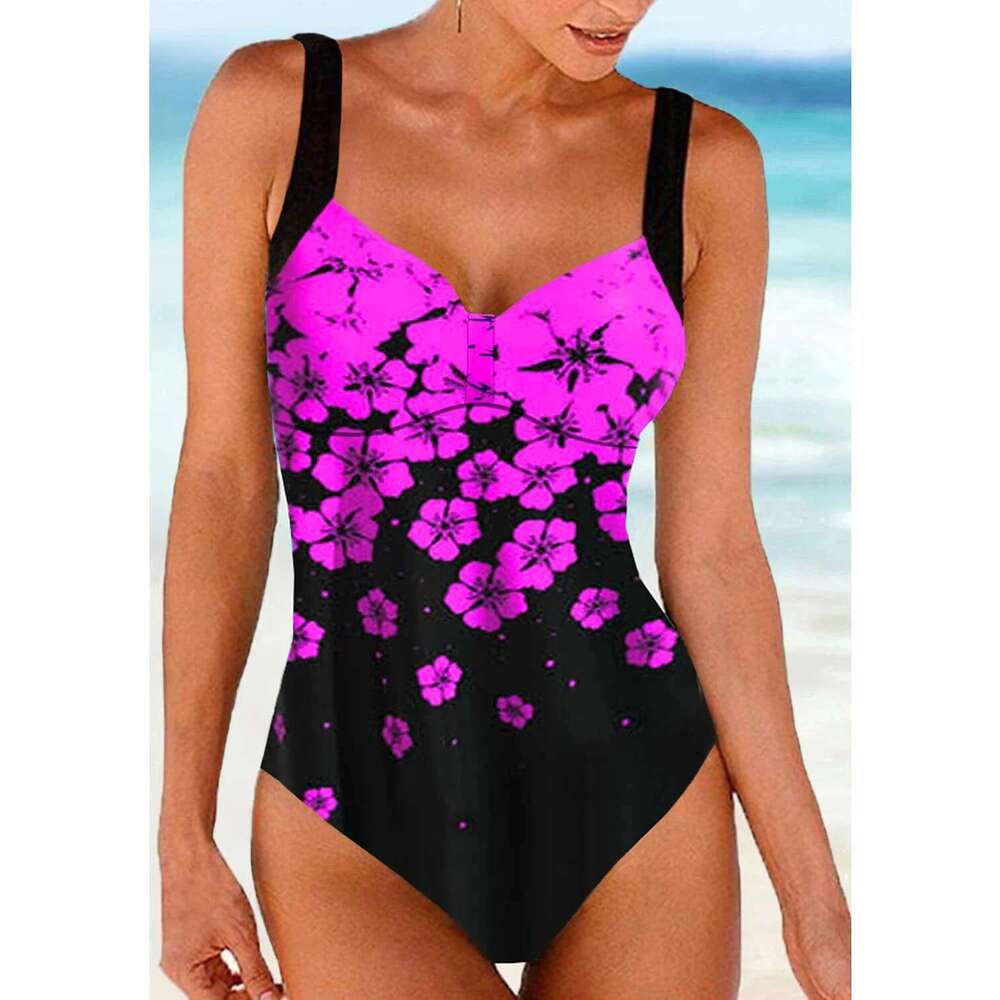 New high-quality summer women's shoulder strap swimsuit drifting plum blossom print seaside vacation one-piece swimsuit S-5XL