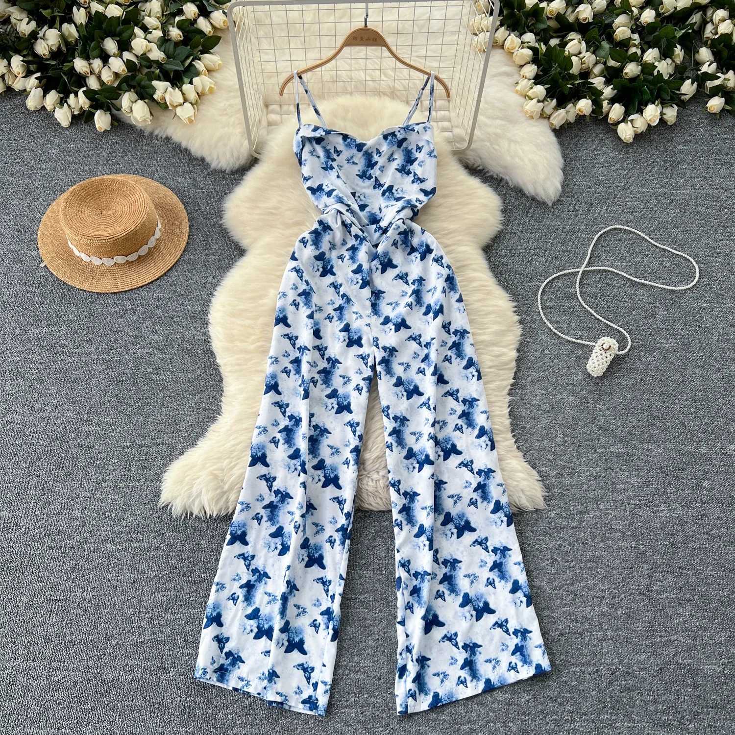 2024 Womens Vacation Fashion jumpsuit Lace spaghetti strap pleated slim fit wide leg beach pants printed summer jumpsuit X250318