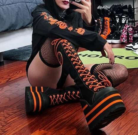 Girl's Y2k Canvas Platform Knee High Boots Colorful Cute Wedges Lace Up Soft Long Boot 2024 New Designer Big Size Lolita Shoes