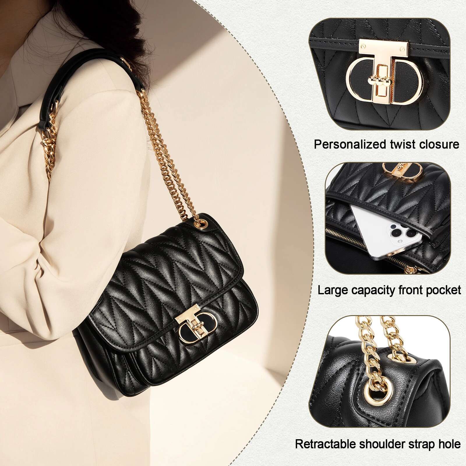 FOXER Women Leather Shoulder Bag Lady Classic Quilted Chain Crossbody Handbag Chrismas Valentine's Day Gift
