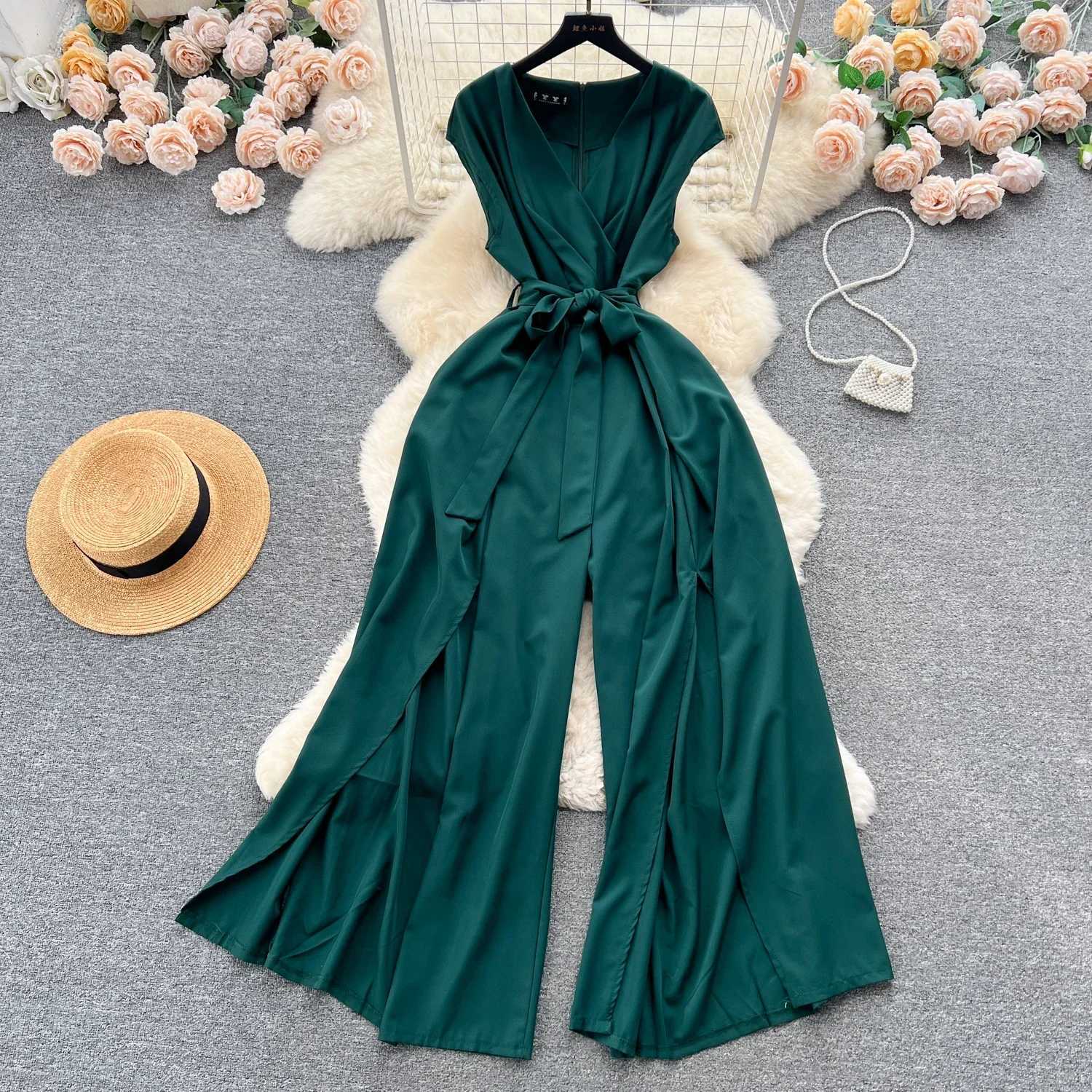 Summer Vintgae Womens Wide Leg jumpsuit Elegant V-Nevck Sveless High Waist Ultra Thin Casual Bandage jumpsuit New Fashion X250318