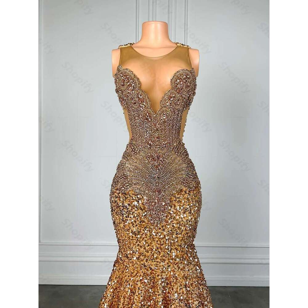 Sparkly Brown Dia Long Dresses For Black Girl Beads Rhie Gold Sequin Mermaid Prom Gowns 2025 Customized Dr0318