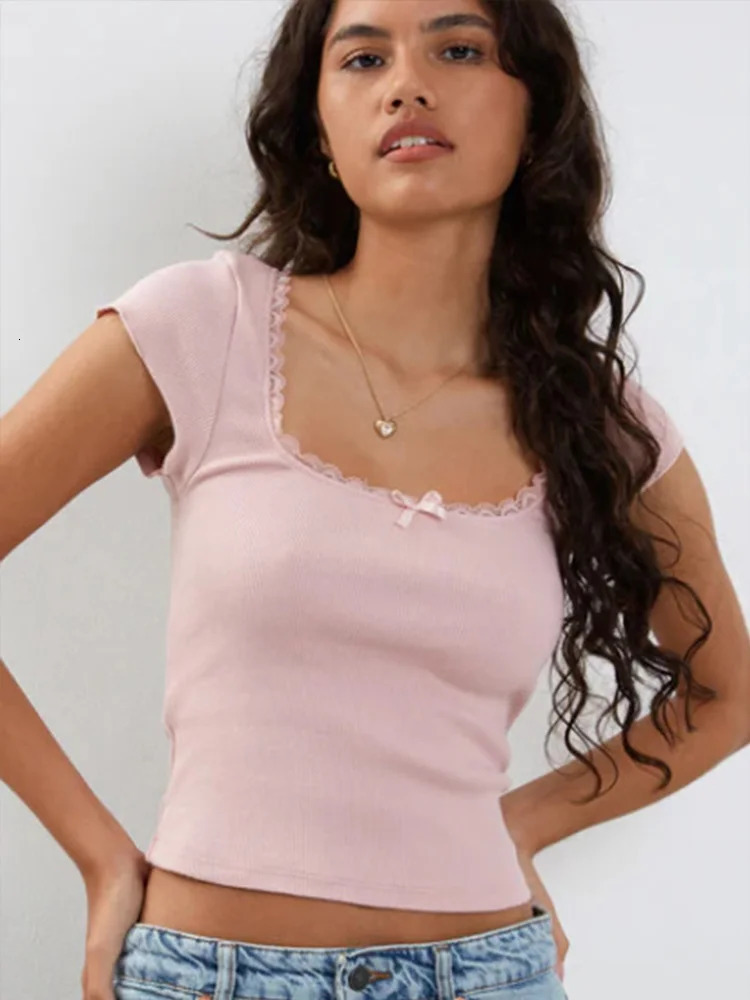 y2k Vintage Baby Tee Cottage Lace Trim Knitted T-Shirt Summer Square Neck Short Sleeve Tee Shirt Women White Milkmaid Crop Top 250318
