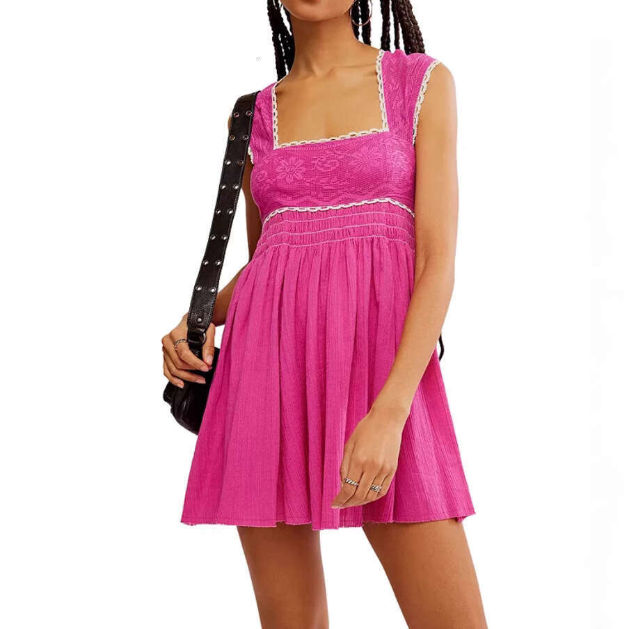 European American women's spring and summer sleeveless square neck pleated backless short mini dress 2025 new casual versatile fashion clothing