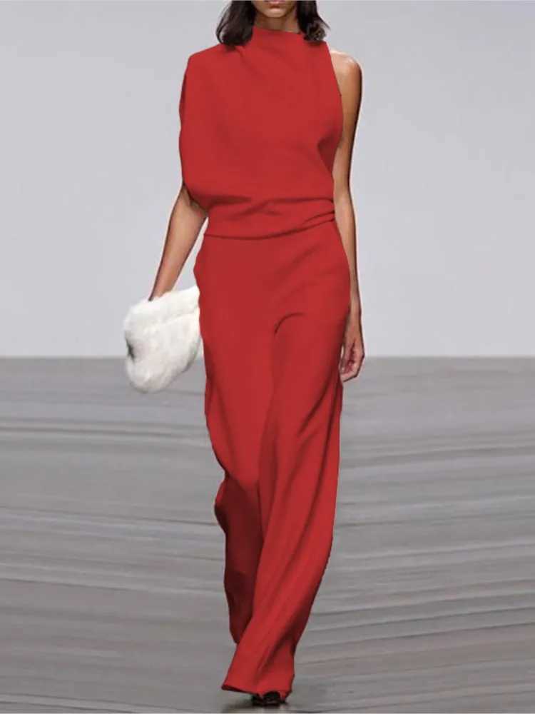 Solid color irregular Sveless jumpsuit womens fashionable temperature sexy backless foldable Slightly Flared jumpsuit women 2024 X250318