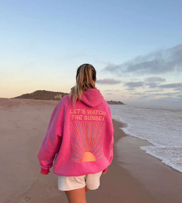 Euro Women's Shoulder Sleeve Thread Let's Watch The Sunset Hoodie Printed Embroidery
