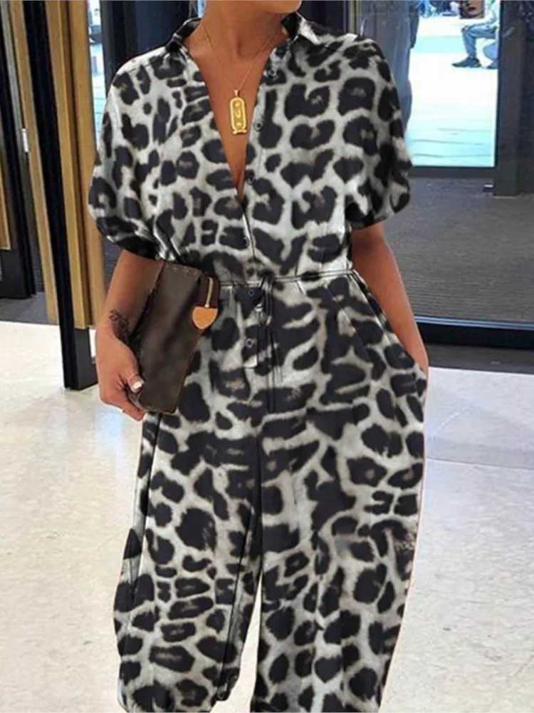 Summer fashion V-neck button up tie jumpsuit short Slve loose Playsuit jacket womens elegant leopard print pocket jumpsuit X2503181