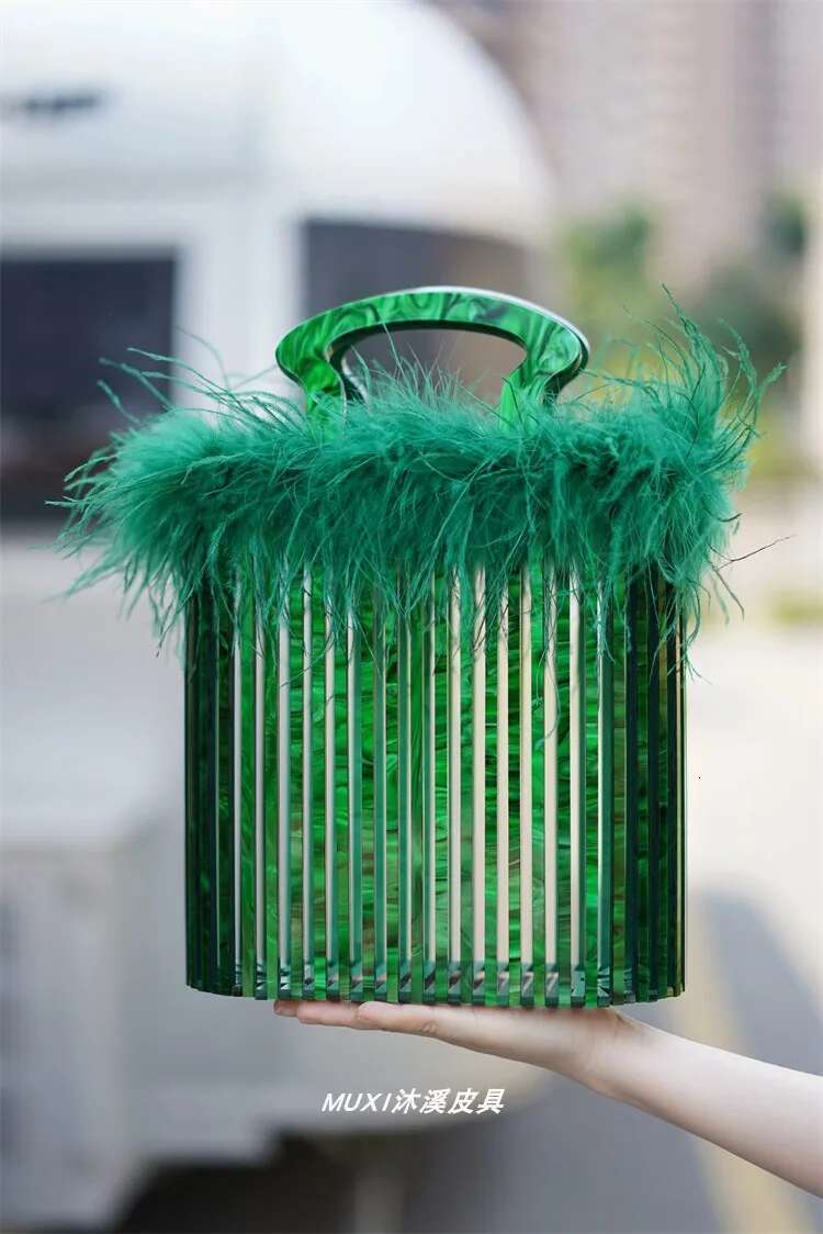 Designer Fashion Ostrich Feather Women's Handbag Hollow Out Acrylic Evening Wedding Party Clutch Purse Shoulder Bag