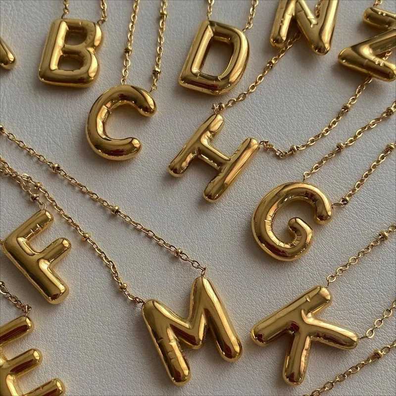 Smooth Stainless Steel Bubble letter Initial Pendant Chunky Women Personality Jewelry Gold Plated Balloon 26 Letter Necklaces W250318