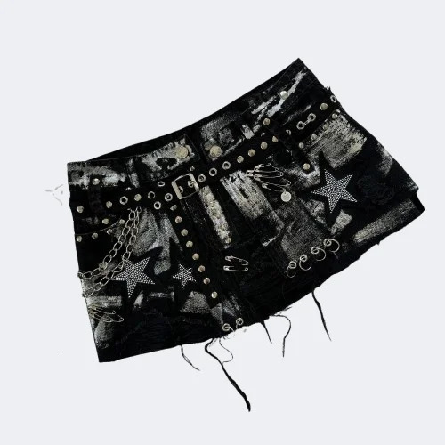 Y2K Gothic Retro Black Denim Skirt Harajuku Star Graphic Rhinestone Rivet Mini Skirt Sexy Girl Slim Low Waist Hip Skirts 250318