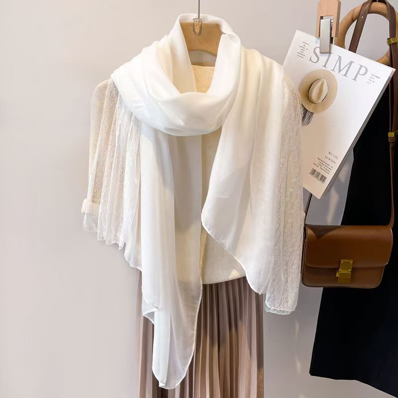 T310 Spring and Autumn new lace splicing versatile scarf female long fashion neck shawl literary cotton and linen thin silk scarf