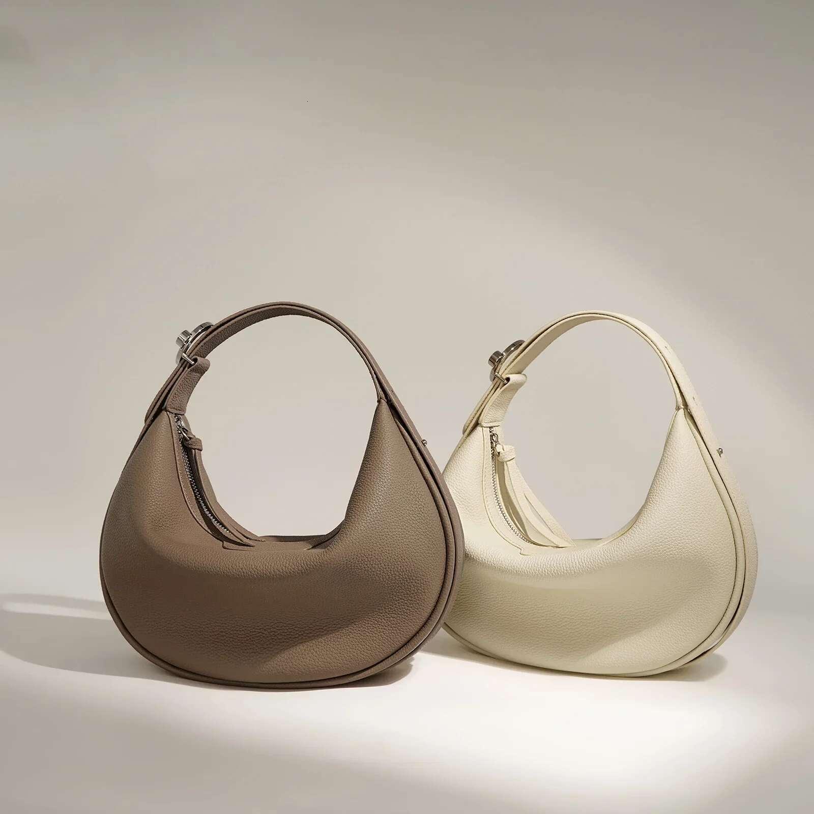 2024 New Women's Underarm Genuine Leather Half Moon Design Female Soft Handbags Ladies Simple Shoulder Crossbody Bags Khaki