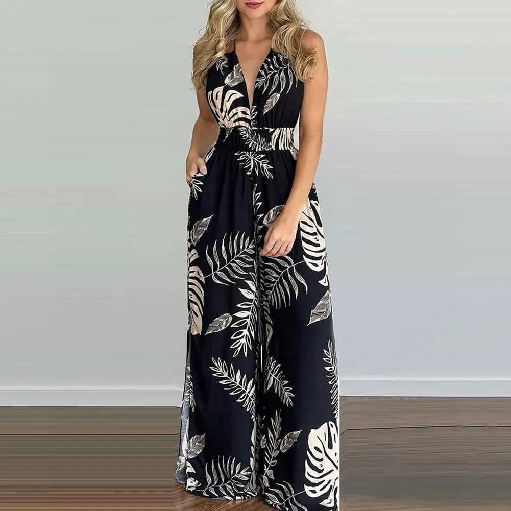 Women Summer Sexy Floral Print Jumpsuits Boho Slveless Backless Wide Leg Long Overalls Rompers Female Loose Overalls Jumpsuit X250318
