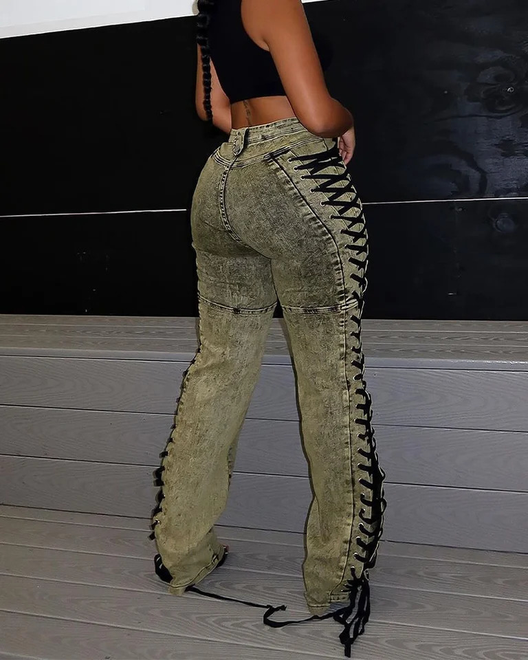 Fashion womens fashion lace-up drawstring Spice Girl jeans and pants Women Jeans Denim Straight Pants Spliced Patchwork 250317