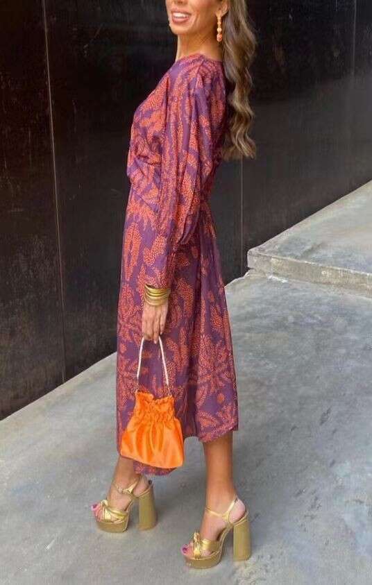 Autumn Printed V-neck Medium length Dress for Women 2025 New Casual Fashion Trendy Clothing