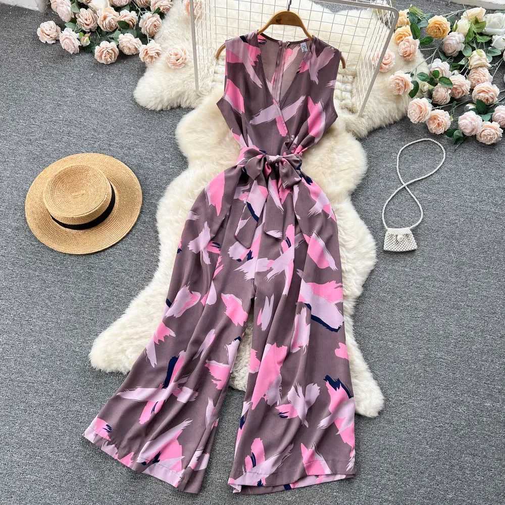 Women Summer Fashion Print Jumpsuits V-neck Slveless Romper Waistband Jumpsuits Euro Style Ladies Loose Leg Pants Overalls X250318