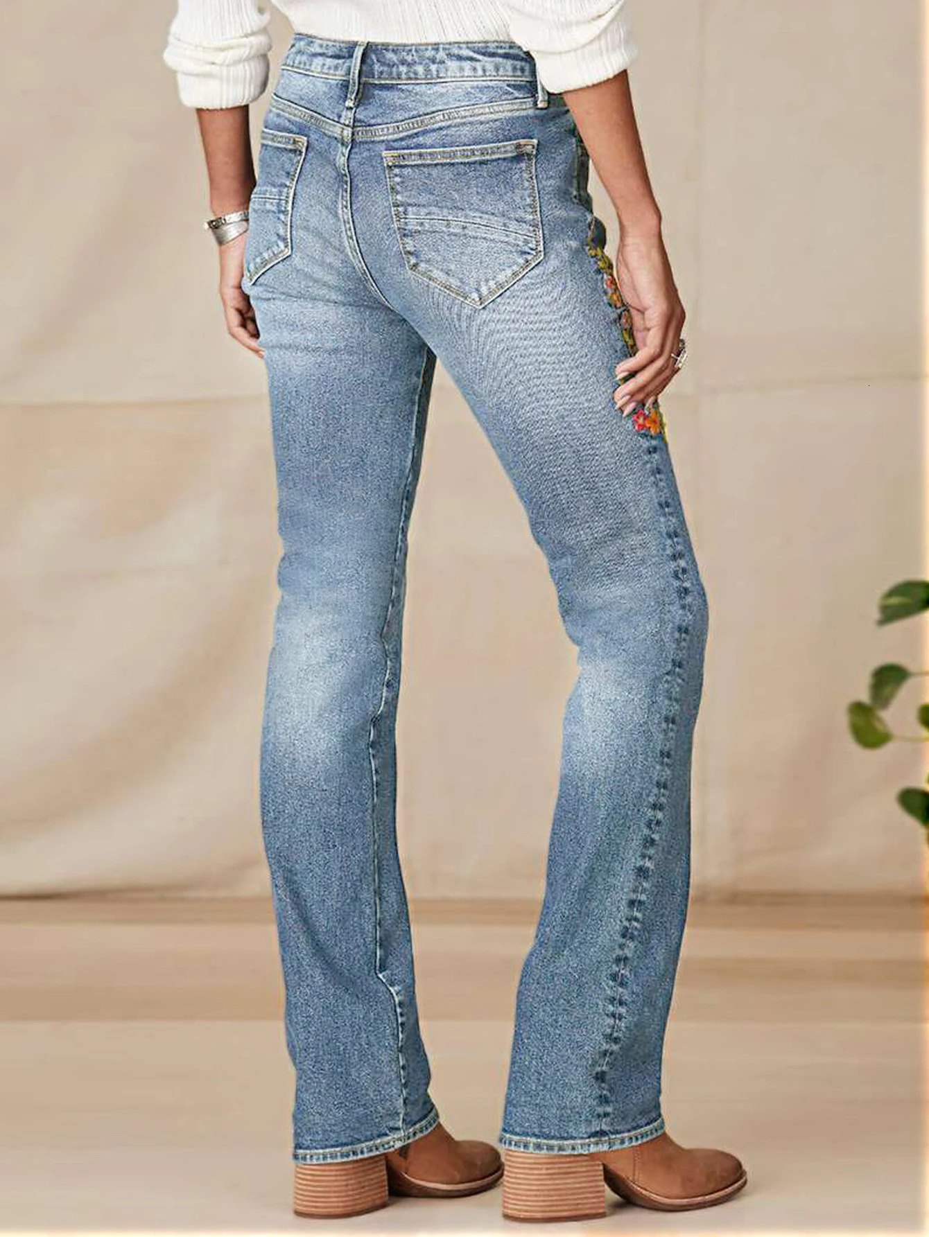 Womens retro washed high waisted straight leg jeans floral y front pocket casual 250317