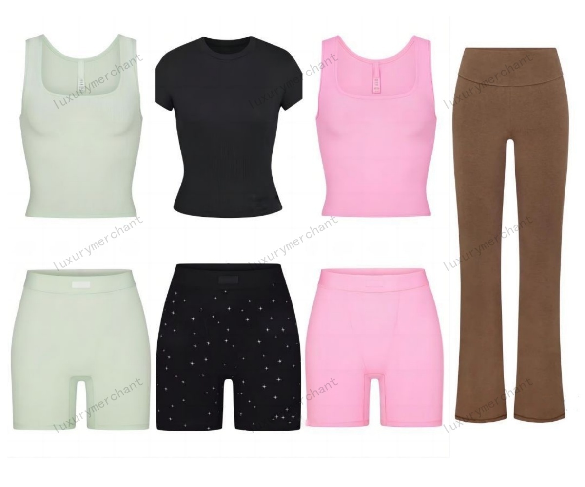 Womens shorts T-shirt tank top flat cornered Modal Threaded Woman Sets Sexy Lingerie Short shirts flat cornered summer yoga sport gym wear Sports Sets Athleisure