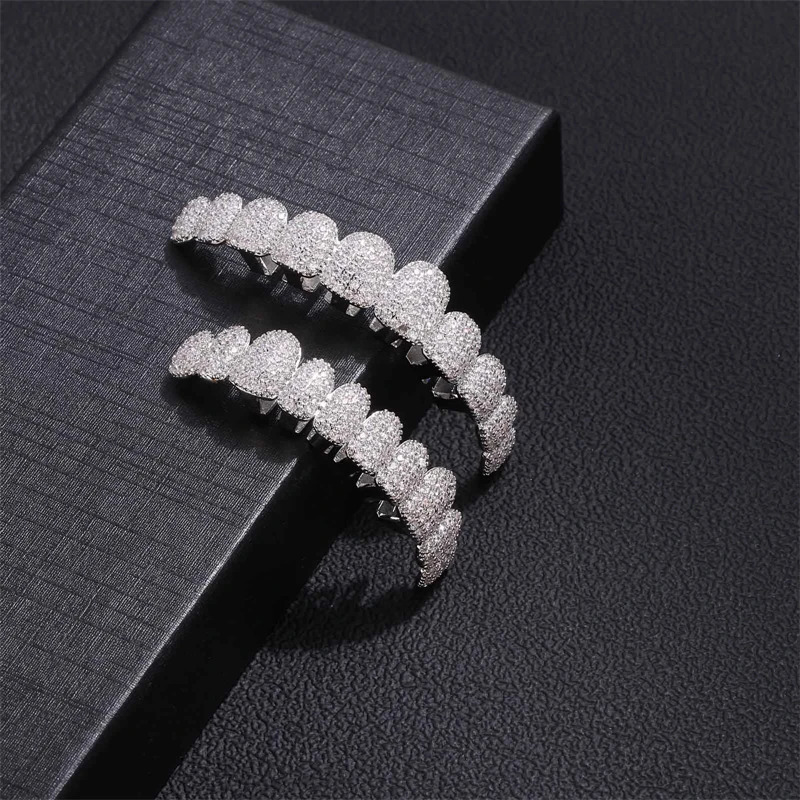 Full CZ Stones Long Teeth Caps Cubic Zircon Iced Out Micro Pave Top Bottom Charm Grills For Men Women Jewelry 250318