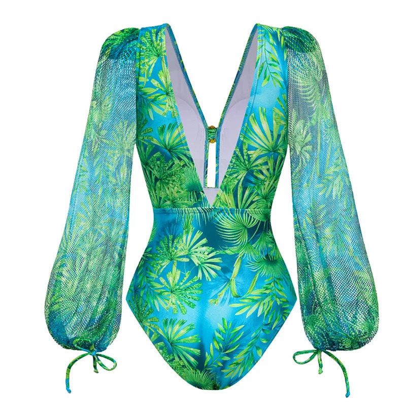 Flaxmaker Women Sexy Deep V Neck Long-sleeved Jungle Green Print One Piece Swimsuit And Skirt Summer Bathing Suit Monokini 250317