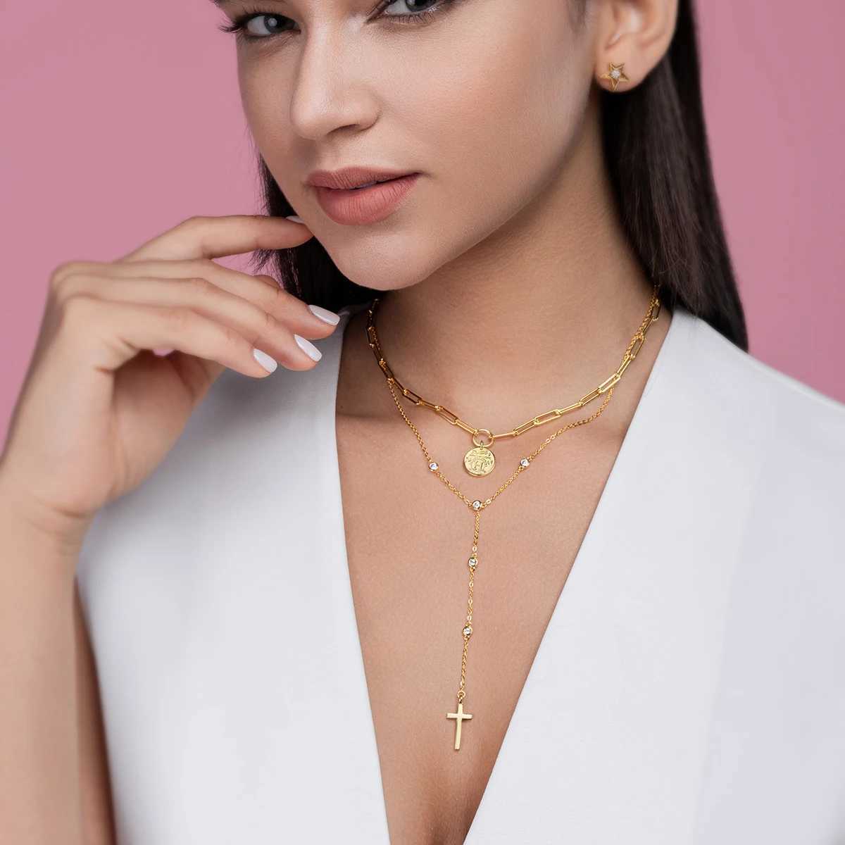 Foxconn S925 silver silica laminated necklace D-color VVS1 double chain sparkling cross pendant hypoallergenic gift W250318