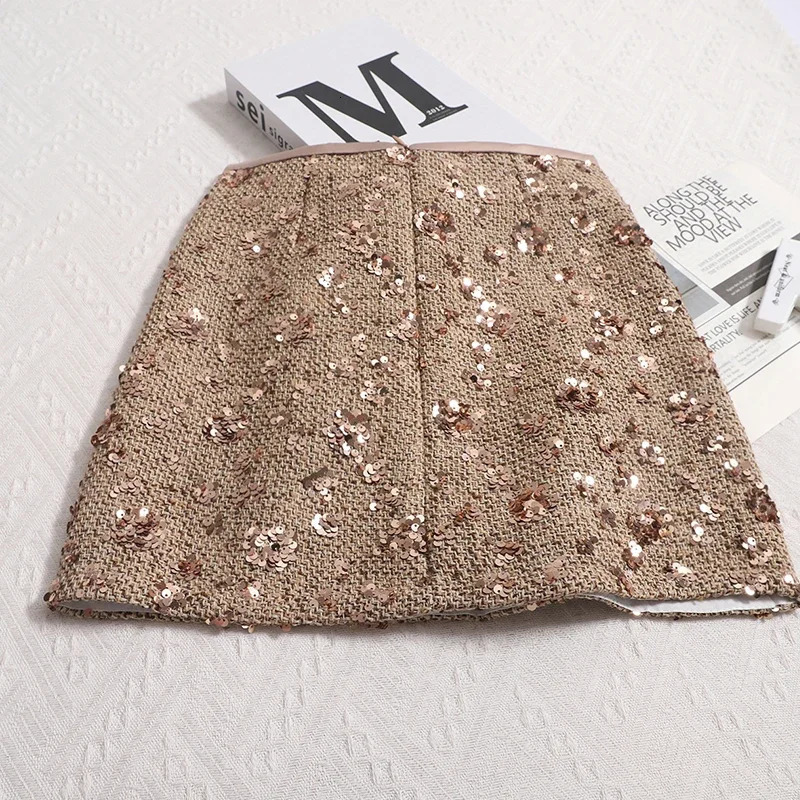 Women Sexy Sequined Mini Skirt High Waist Slim A-line Short Skirt Small Fragrant Wind Beads Flower Tweed Temperament 250318