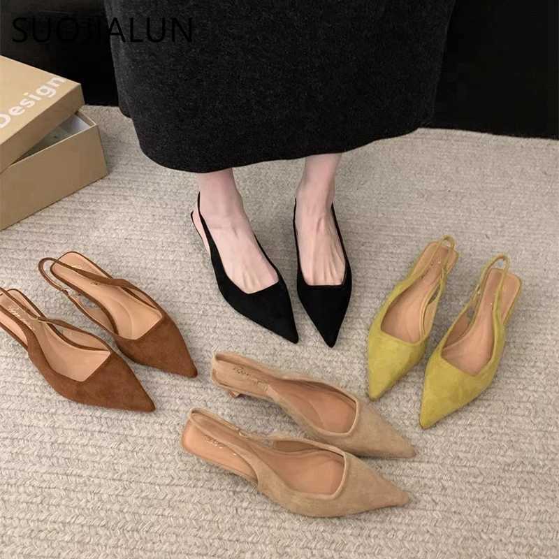 SUOJIALUN 2024 Spring New Style Sandals Fi Dot Toe Shallow Slip Dress Mes Shoes Thin High Heels Elastic Back Sandals Y250317