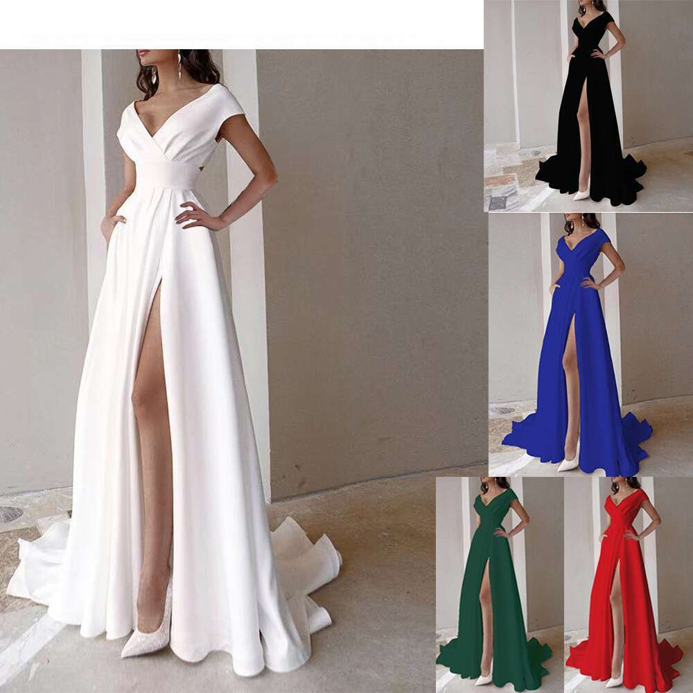 breast wrapped ruffled red, black, white mid waist solid color commuting long evening dress, 2025 new style, chic and elegant clothing