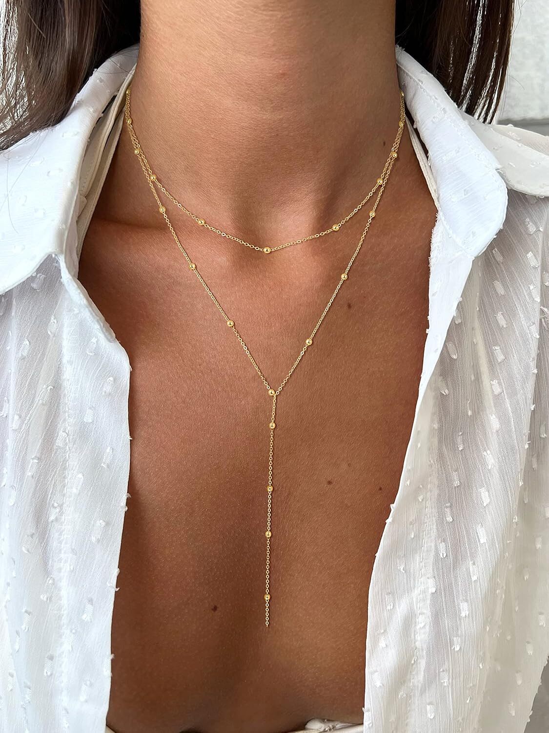 Women's lasso necklace, exquisite long 14k gold-plated/sier Y-shaped fashionable layered cubic zirconia bead pendant necklace simple gold jewelry