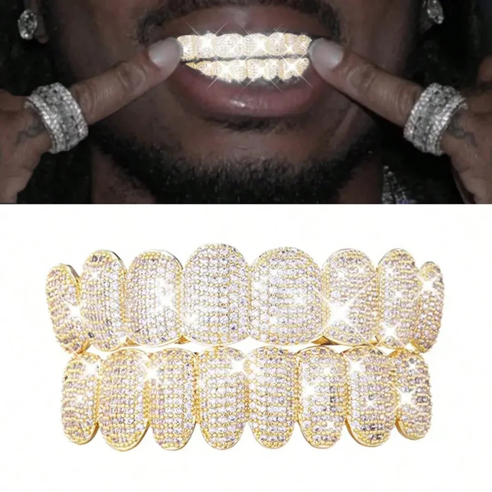 A set of super shiny gold-plated micro inlaid zircon dental braces cool and fashionable mens hip-hop denture accessories 250318