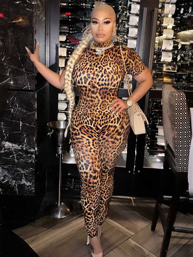 Sibybo backless leopard print jumpsuit for women fashionable semi high neck short Slve slim fit bodysuit party jacket X250318