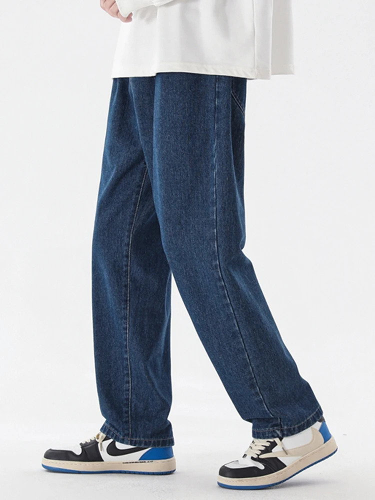 Korean Fashion Mens Casual Ankle-Length Jeans Classic Man Straight Denim Wide-leg Pants Light Blue Grey Black 3XL 250318