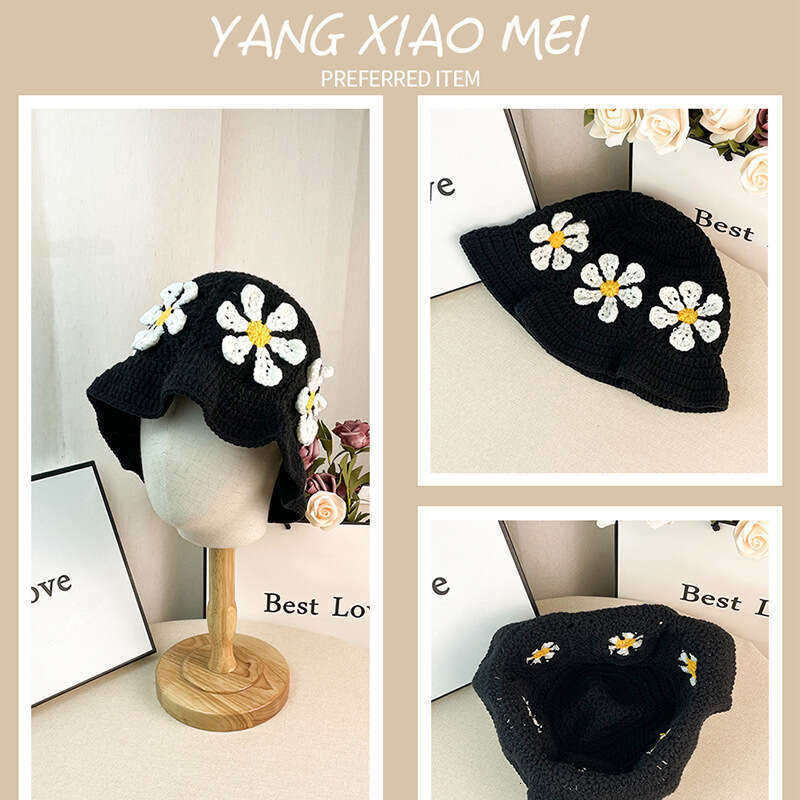 Small and niche flower knitted children's handmade yarn small face, hollowed out fisherman hat, female trend