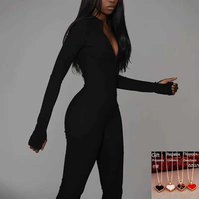 2024 solid jumpsuit womens sports jumpsuit summer new item Slve zipper elastic one-piece elegant black tight fitting garment X250318