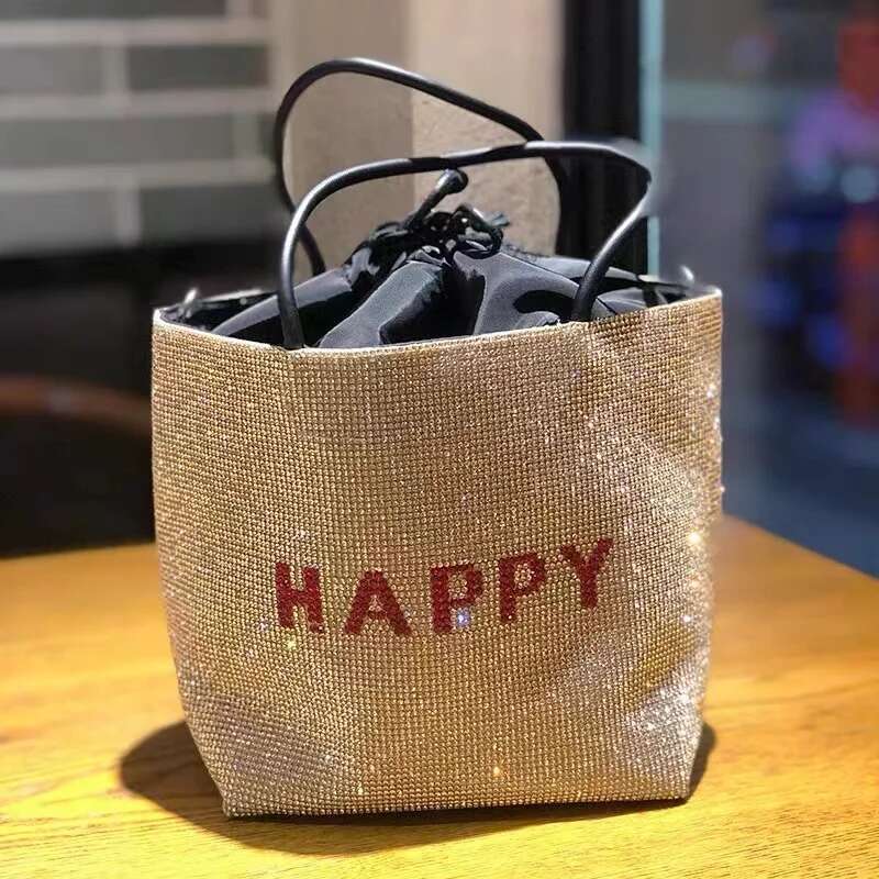 High Quality Bucket Women's Handbag Crystal Shiny Rhies Dia Evening Wedding Party Clutch Purse Messenger Bag