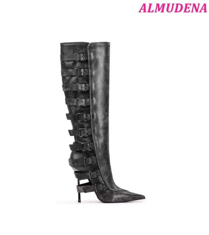 Vintage Sexy Metal Heels Leather Ankle Boots Women's Pointed Toe Buckled Zipper Knee High Boot Designer Black Shoes