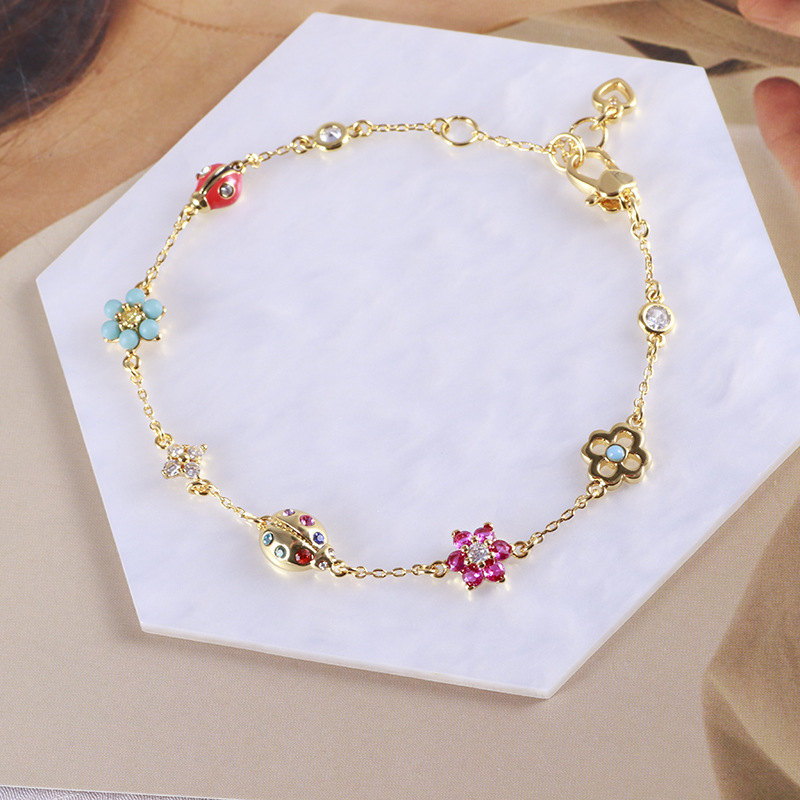 Luxury cute ladybug clover flower charm designer bracelet for women lovely girls flowers red crystal cz zircon KS brand charms bracelets bangle jewelry