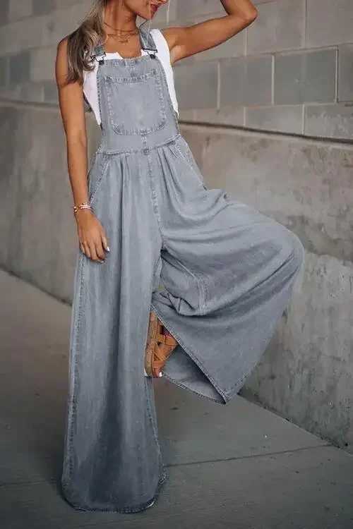 Womens pocket wide leg jumpsuit pendant denim high waisted neck daily strapless summer Y2k Maxi Strtwear X250318