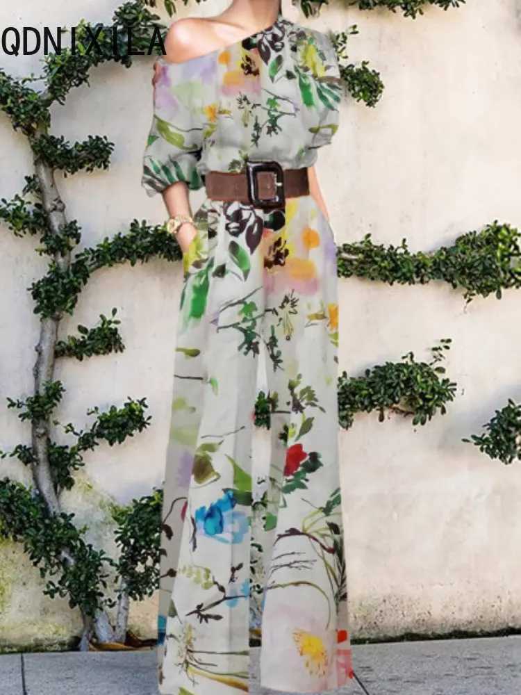 New womens jumpsuit elegant office ladies loose wide leg pants tight fitting clothes collar floral print Swt womens jumpsuit X250318