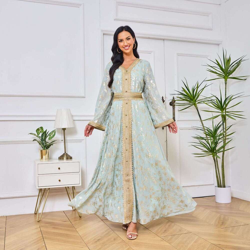 Mt084 Dubai Evening Muslim Clothing Dress Bottom Grab Flower Hot Stamped Fashion Robe