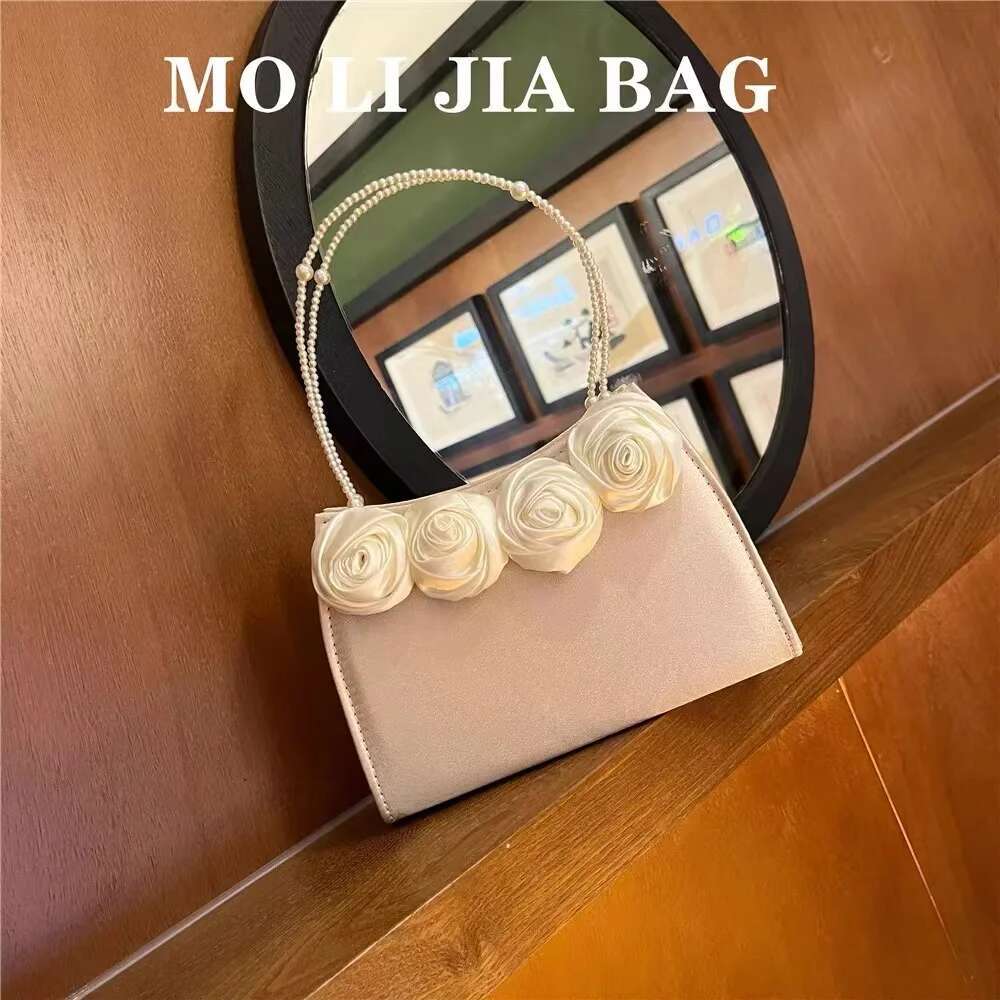 Women's Handbag Satin Rose Ral Handmade Square Fashion Pear Beading Evening Wedding Party Clutch Purse Crossbody Bag
