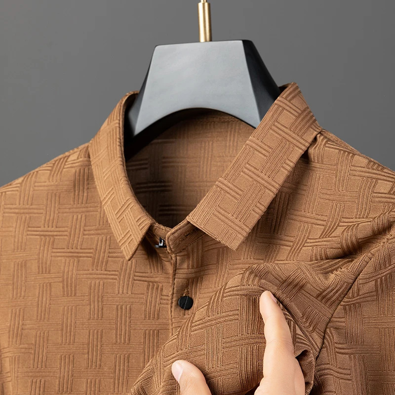 Mens Summer Ice Silk Texture Polo Shirt Casual Business Collar T-shirt Ironless Top Mens Clothing 250317