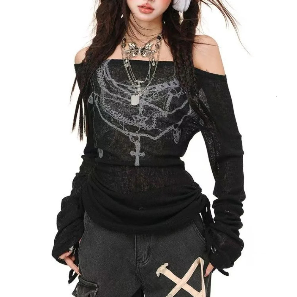 American Retro Ladys See Through T-Shirt Harajuku Cover Slash Neck Long Sleeve Top Y2K Punk Spice s T-Shirts Blouses 250318